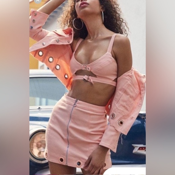 For Love & Lemons SSENSE Creme Puff Denim Bra Top Skirt Set XS - Picture 13 of 13